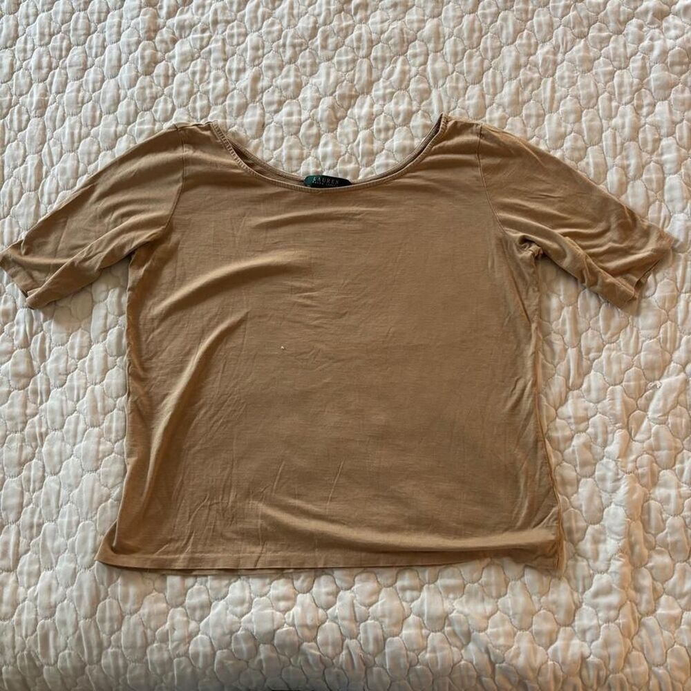 Lauren by Ralph Lauren Women's Tan Silk Blend Basic Short Sleeve Shirt Size L